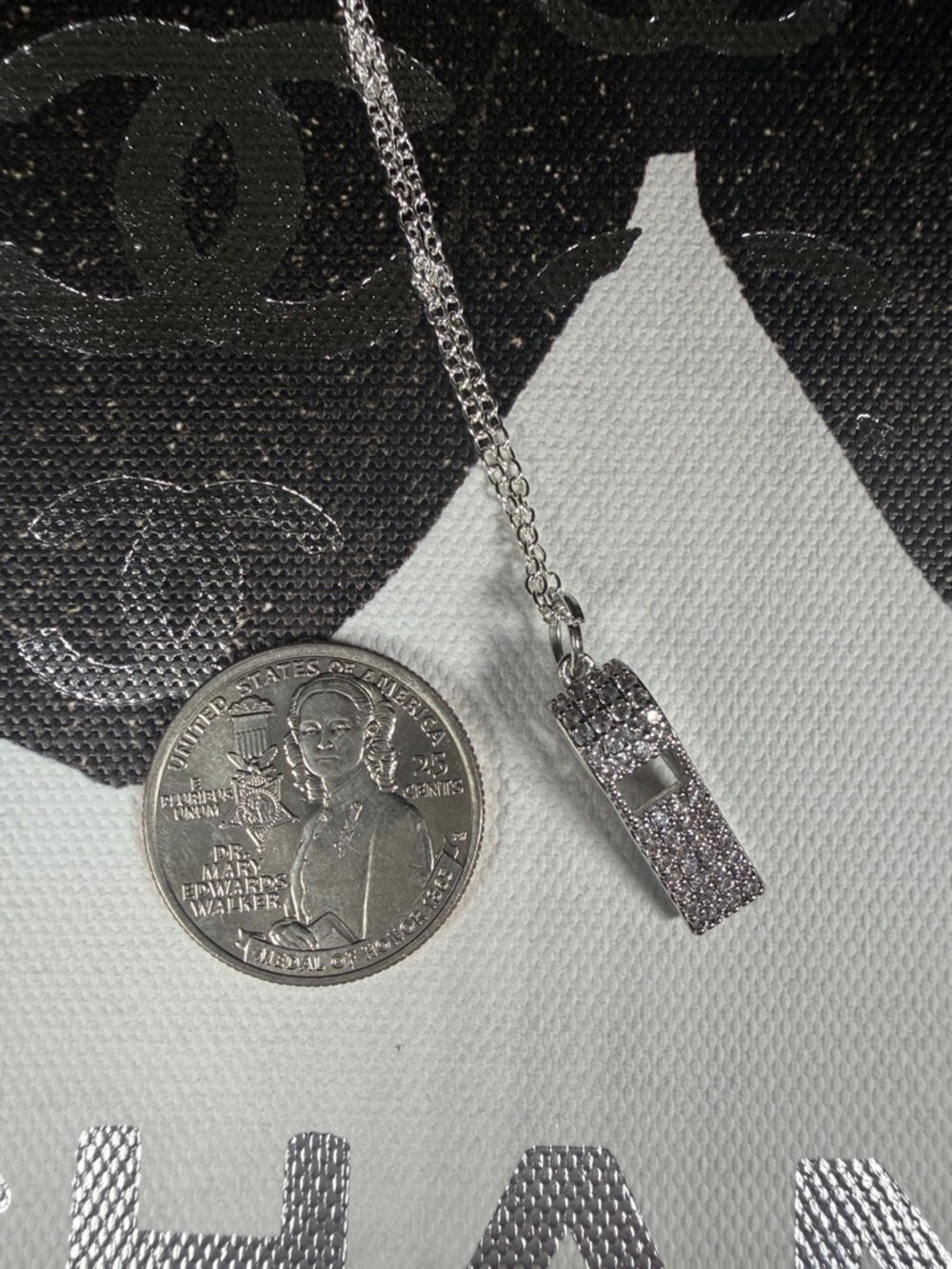 Super Unique Upcycled CC Whistle Rhinestone Charm on 18” 925 Chain - Picture 6 of 7